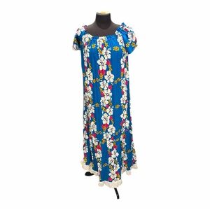 Vintage Hawaiian Floral Maxi Dress Blue Off Shoulder Boho Cottage Medium